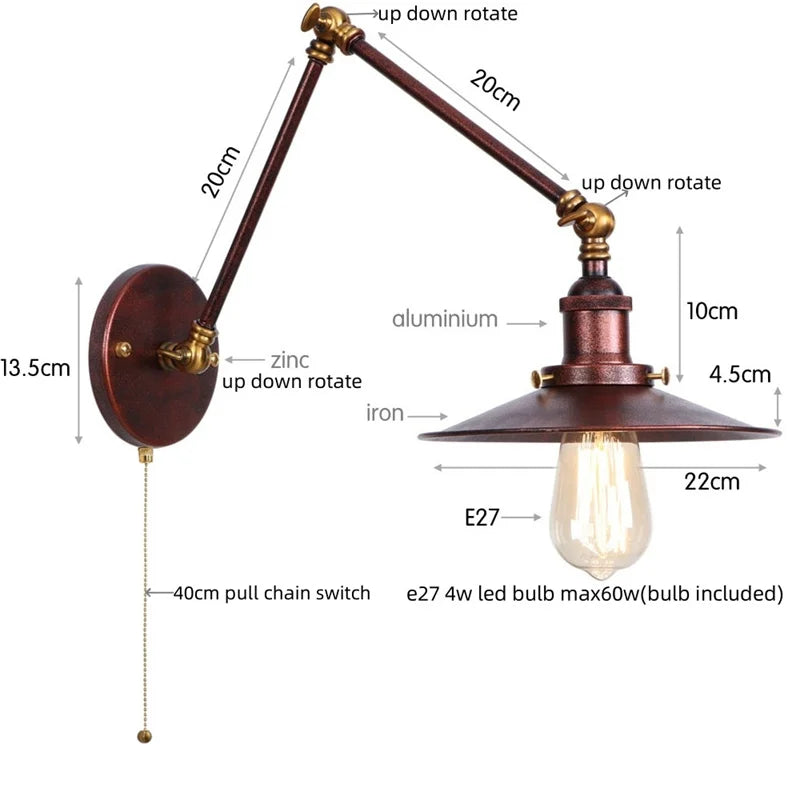 Helnys Adjustable Black Iron LED Wall Light - Industrial Vintage Bedside Lamp