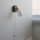 Helnys Nordic Modern Walnut Wood Wall Light with LED, Glass Shade & Pull Chain Switch