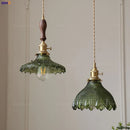 Helnys Green Glass LED Pendant Lamp with Copper Wood Handle for Dinning Living Room