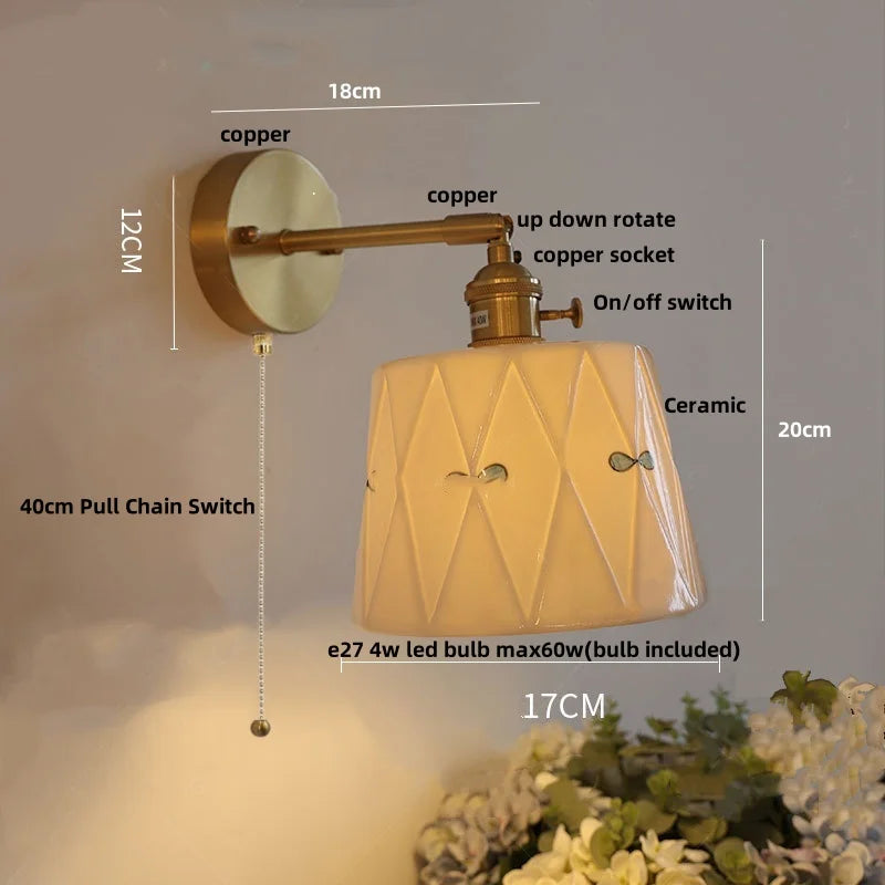 Helnys Copper Ceramic LED Wall Light Fixture with Pull Chain Switch