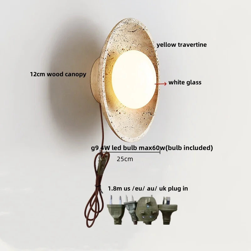Helnys LED Wall Light with Wood Base, Natrual Yellow Travertine, Nordic Modern Design