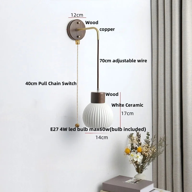 Helnys Modern White Ceramic LED Wall Lamp with Pull Chain Switch