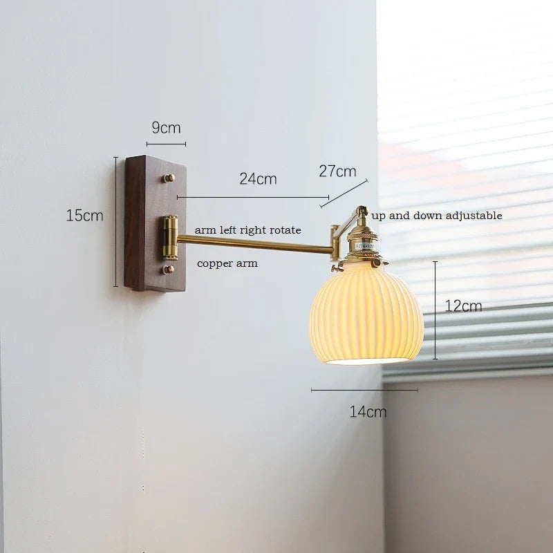Helnys Ash Wood Canopy LED Wall Sconce Pull Chain Switch Rotate Bedroom Lamp