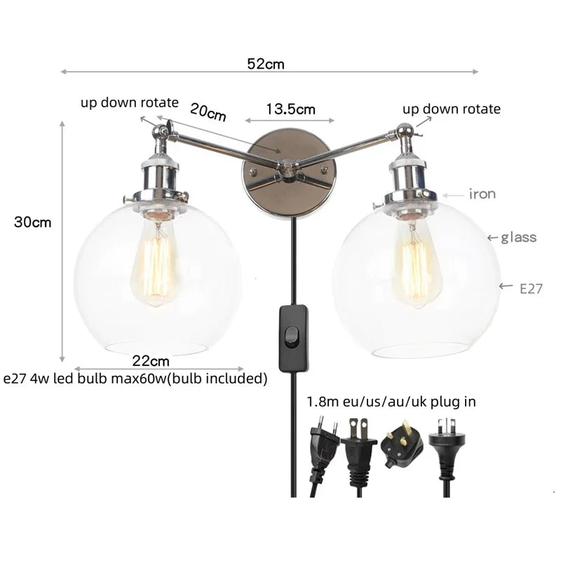 Helnys Retro LED Wall Light Fixtures with Pull Chain Switch, Industrial 2 Heads Sconce