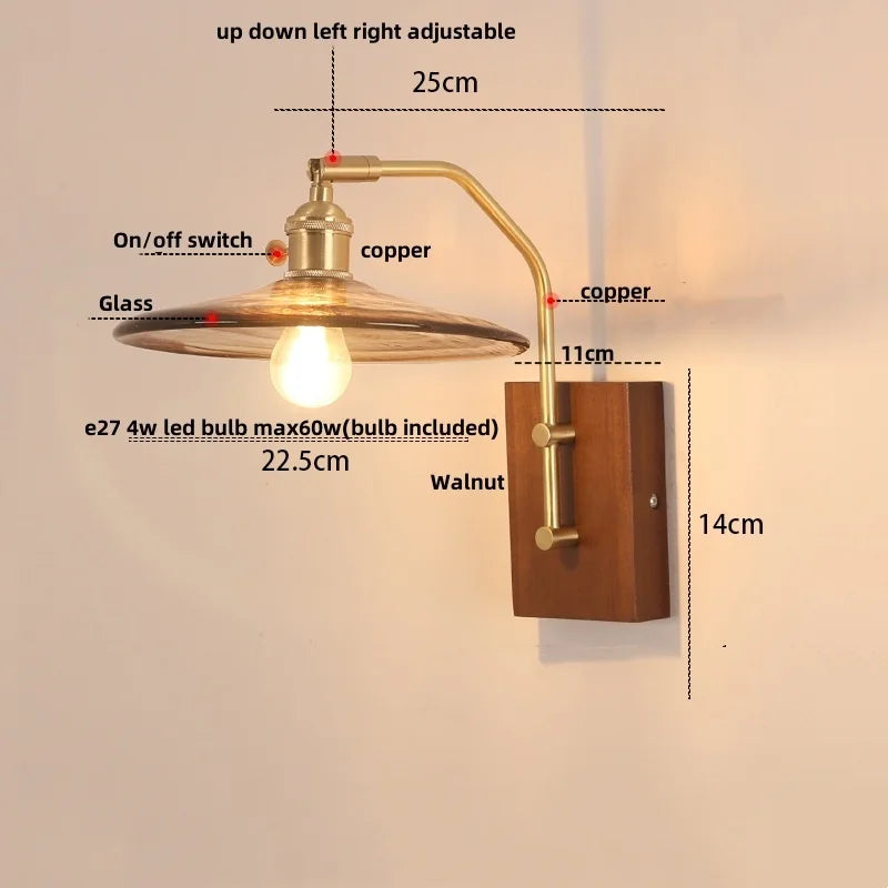 Helnys Walnut Wood LED Wall Light Fixture Glass Pull Chain Switch