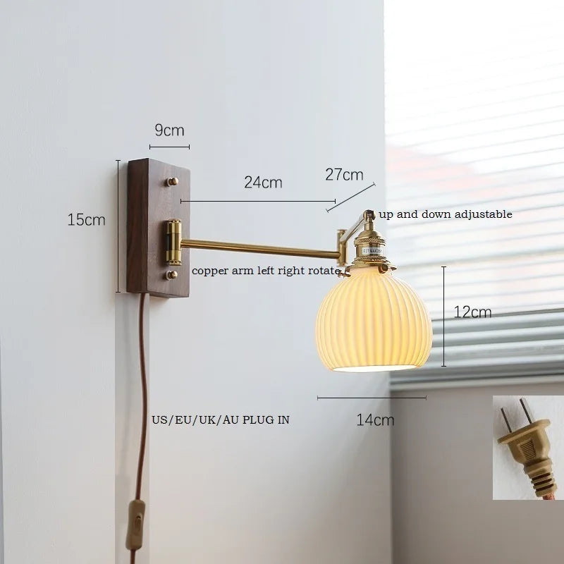 Helnys Ash Wood Canopy LED Wall Sconce Pull Chain Switch Rotate Bedroom Lamp