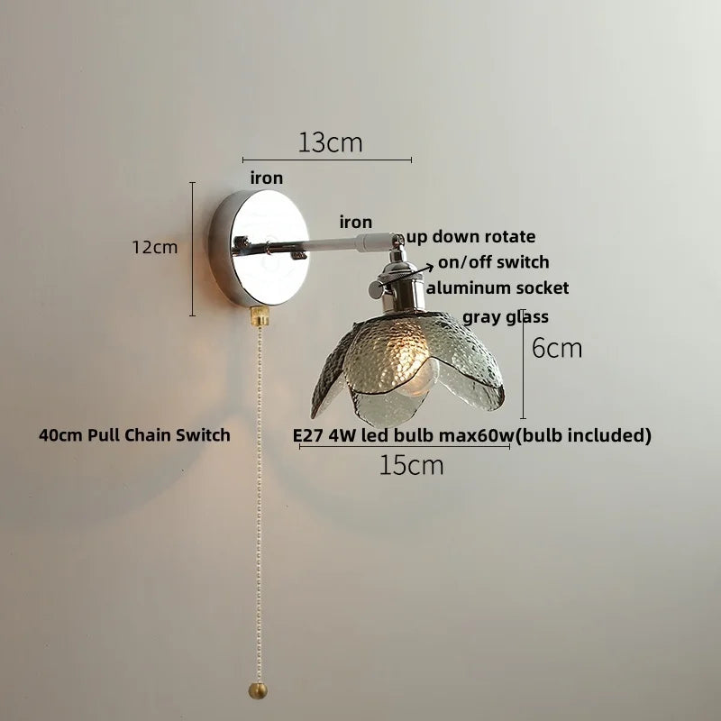 Helnys Clear Glass LED Wall Sconce Pull Chain Switch Modern Iron Bathroom Light