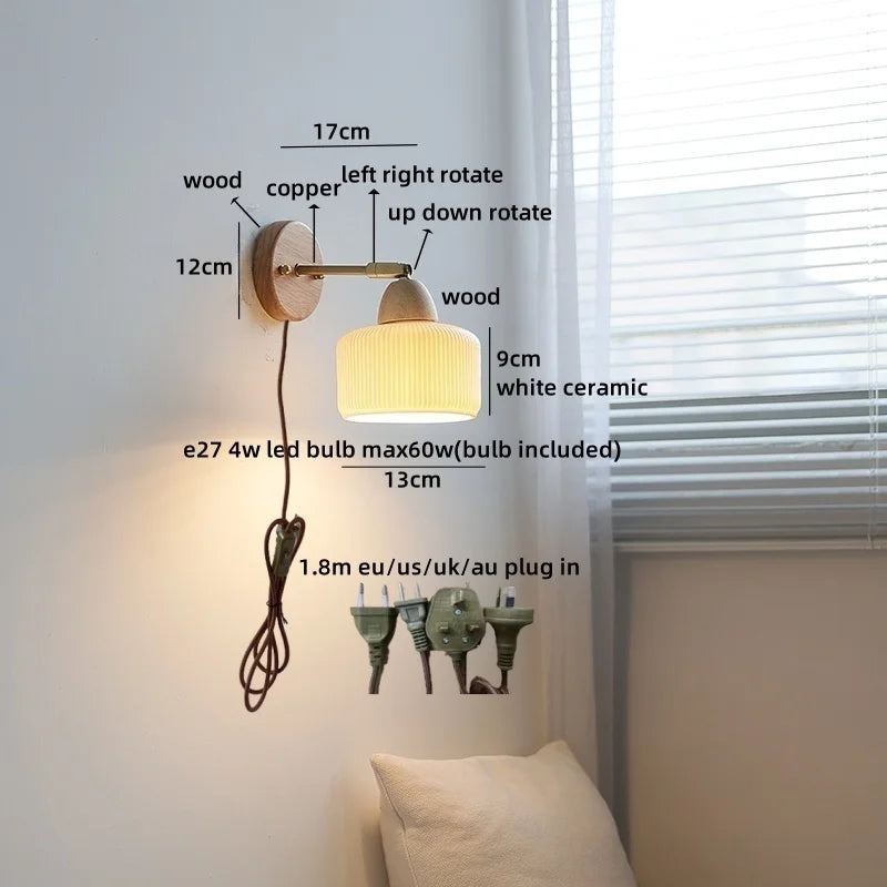 Helnys White Ceramic LED Wall Sconce Lamp Wooden Socket Stair Light Fixtures