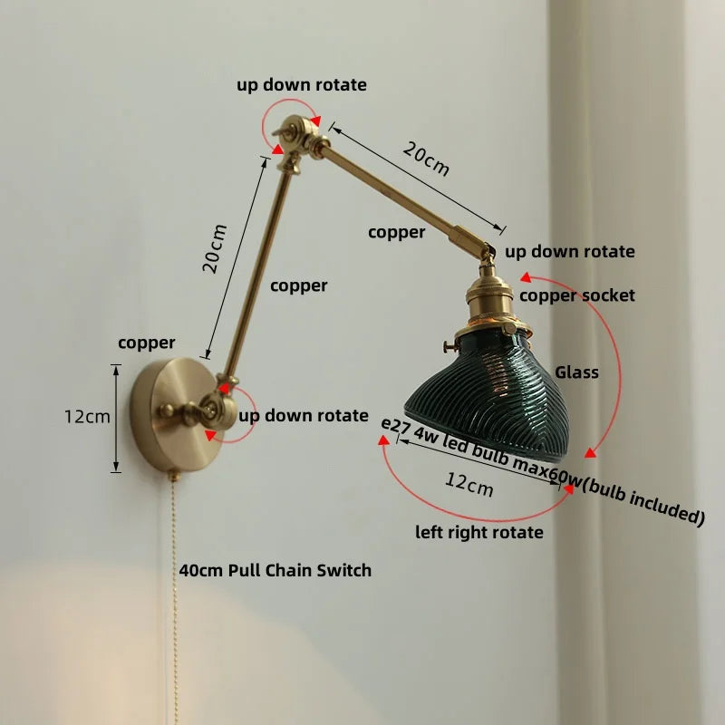 Helnys Brass Swing Arms LED Wall Light, Modern Nordic Clear Glass Bedside Lamp