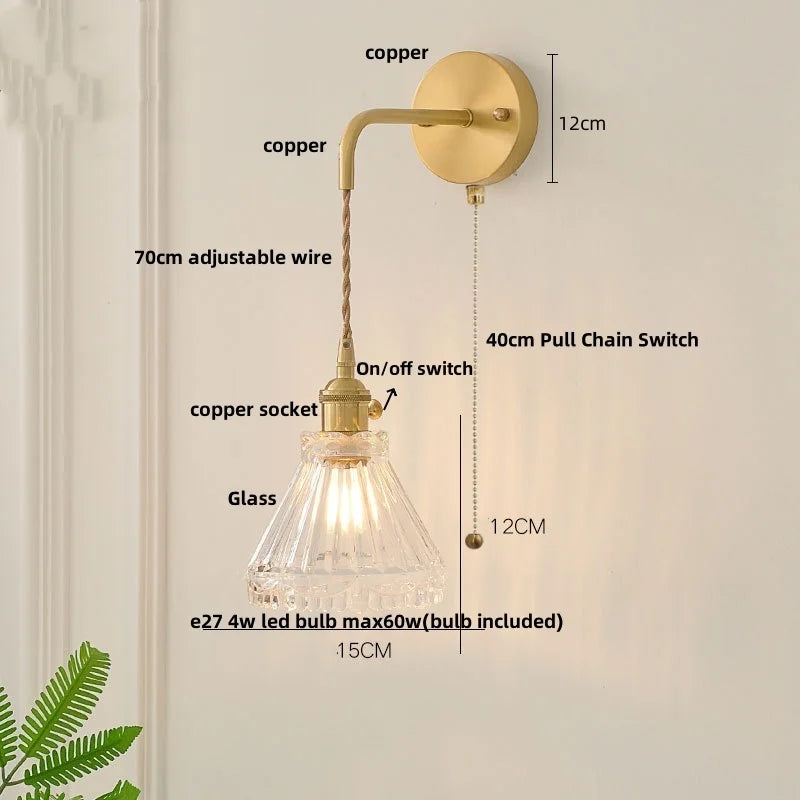 Helnys Nordic LED Wall Light Brass Bedside Lamp Chrome Pull Chain Switch