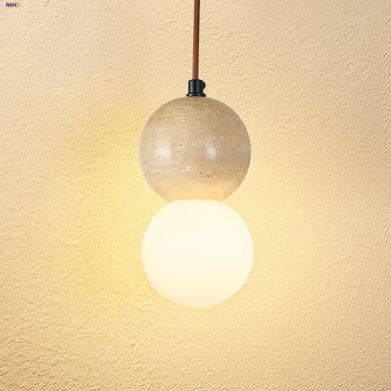 Helnys LED Gourd Pendant Light Fixture White Glass Yellow Travertine Hang Lamp