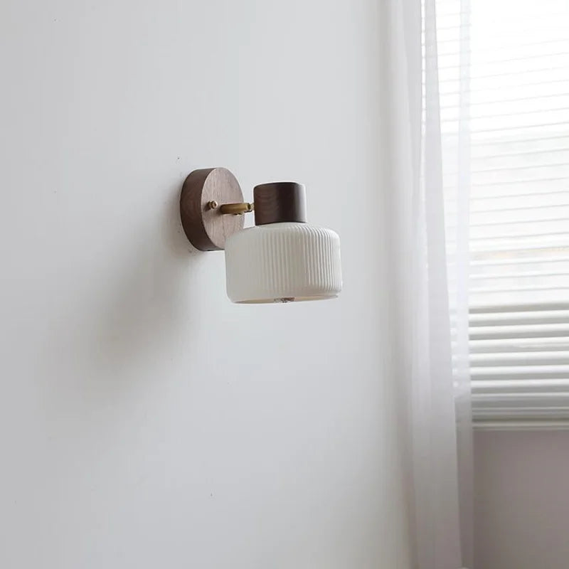 Helnys Nordic Modern Walnut Wood LED Wall Sconce White Ceramic Rotate Mirror Light