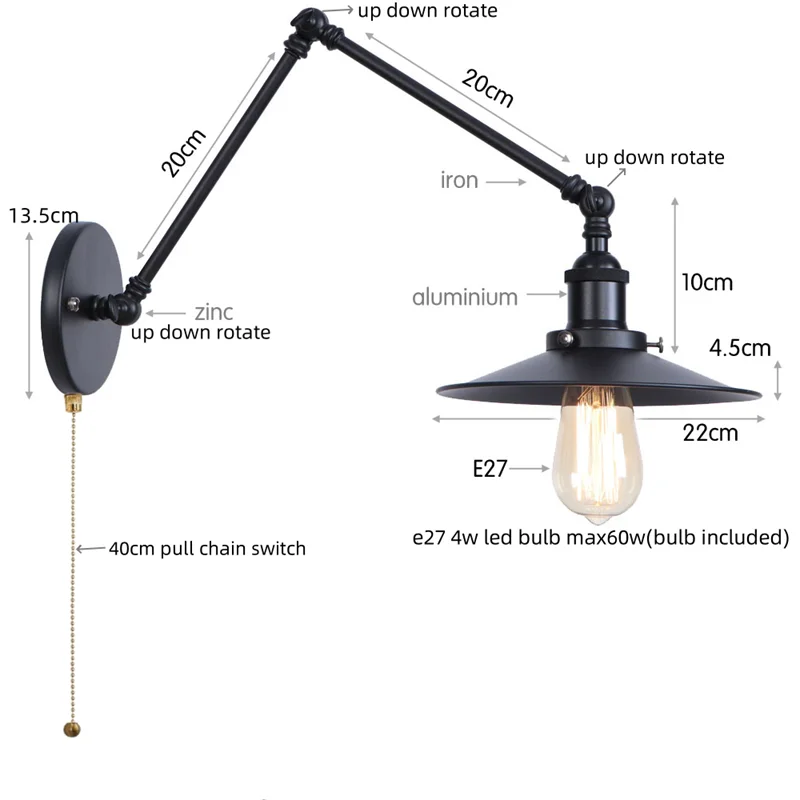 Helnys Adjustable Black Iron LED Wall Light - Industrial Vintage Bedside Lamp