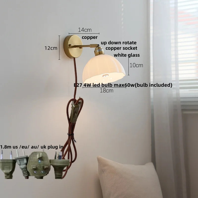 Helnys Copper LED Wall Lamp with Pull Chain Switch & Rotatable Glass Mirror Light
