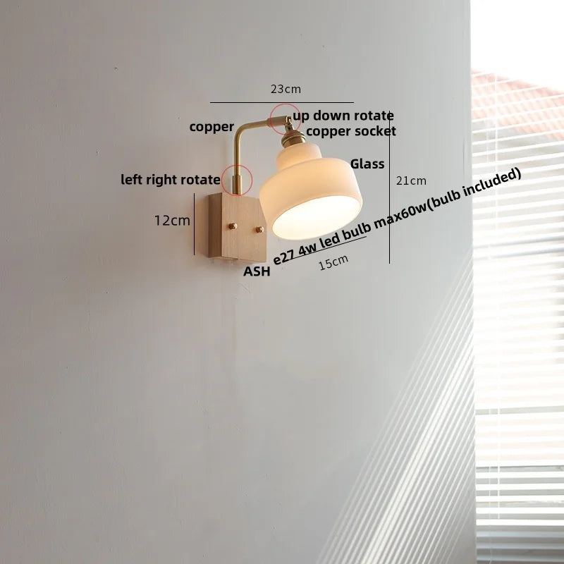 Helnys Brass Walnut Wood LED Wall Sconce Rotatable Glass Stair Light