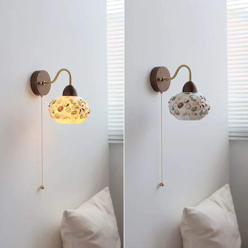 Helnys Shell Glass LED Wall Light Tiffany Style Balcony Bedroom Lamp