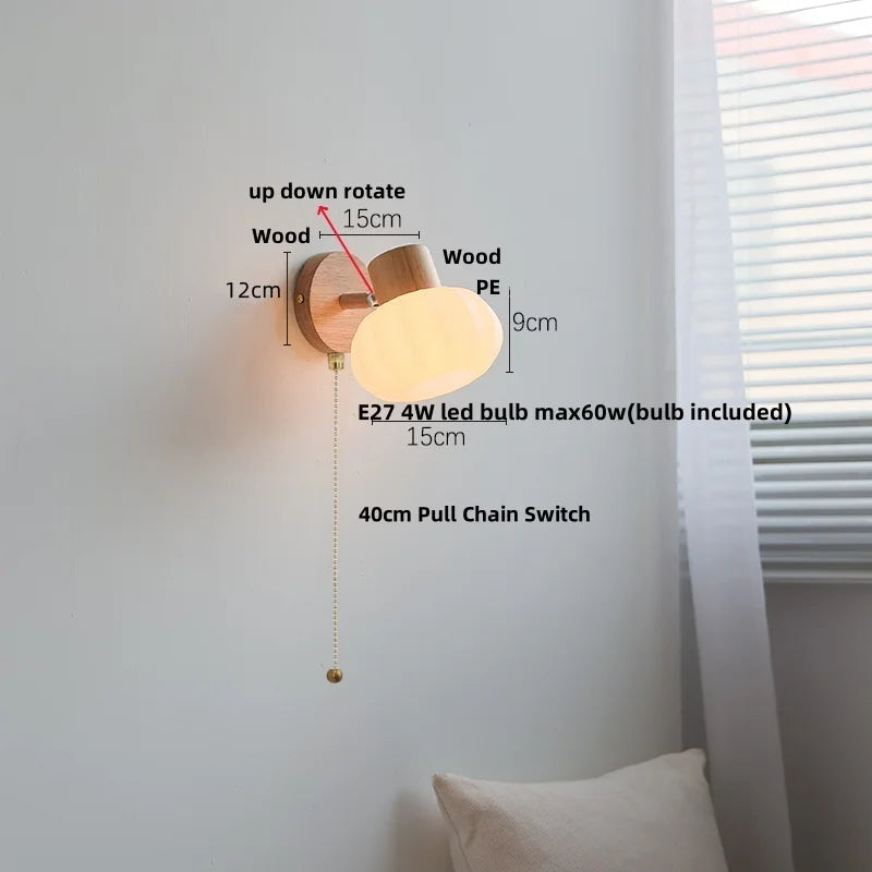 Helnys Amber Glass LED Wall Sconce Wood Pull Chain Switch Stair Light