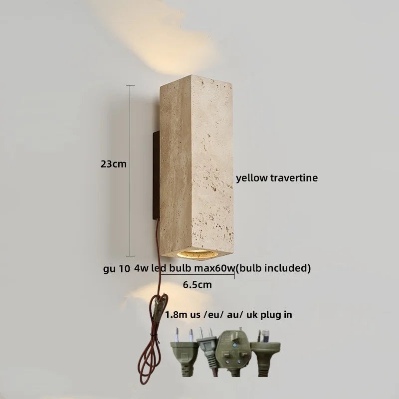 Helnys Nordic LED Wall Light COB Travertine Bedside Lamp - Yellow Square