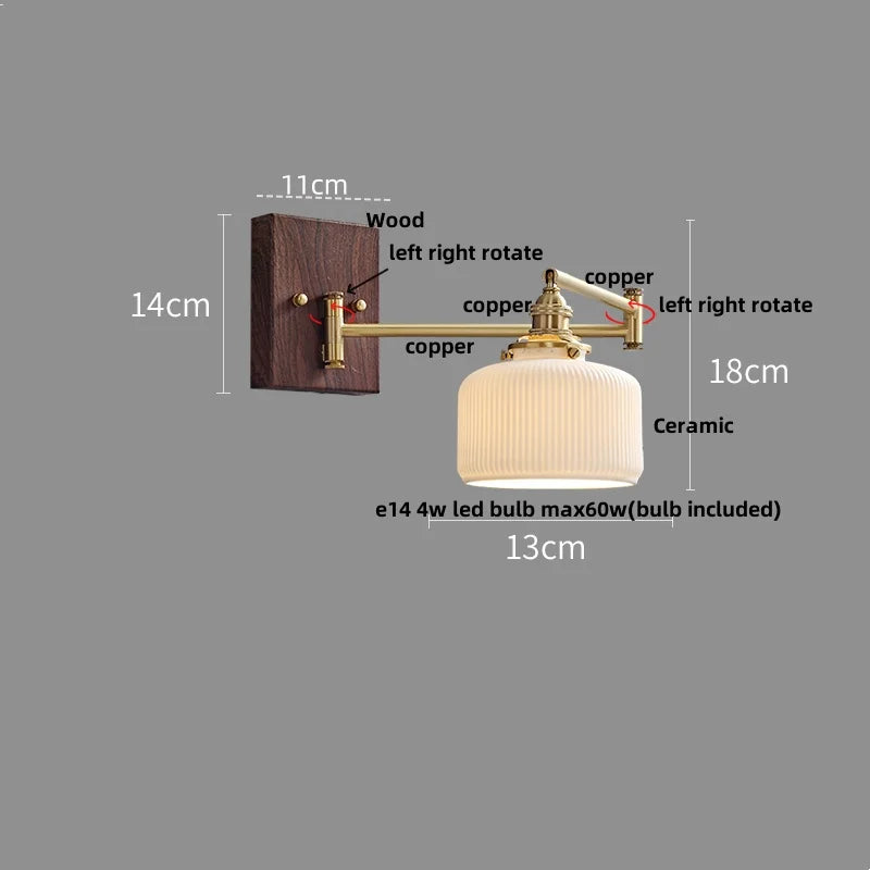 Helnys Wood Swing Arm LED Wall Light Rotatable Bedside Lamp