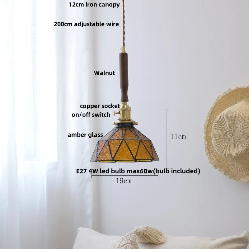 Helnys Amber Glass LED Pendant Light Fixture with Walnut Wood Bar and Adjustable Wire