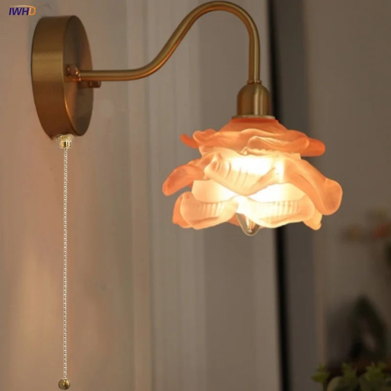 Helnys Loft LED Wall Sconce Pull Chain Switch Pink Glass Stair Light