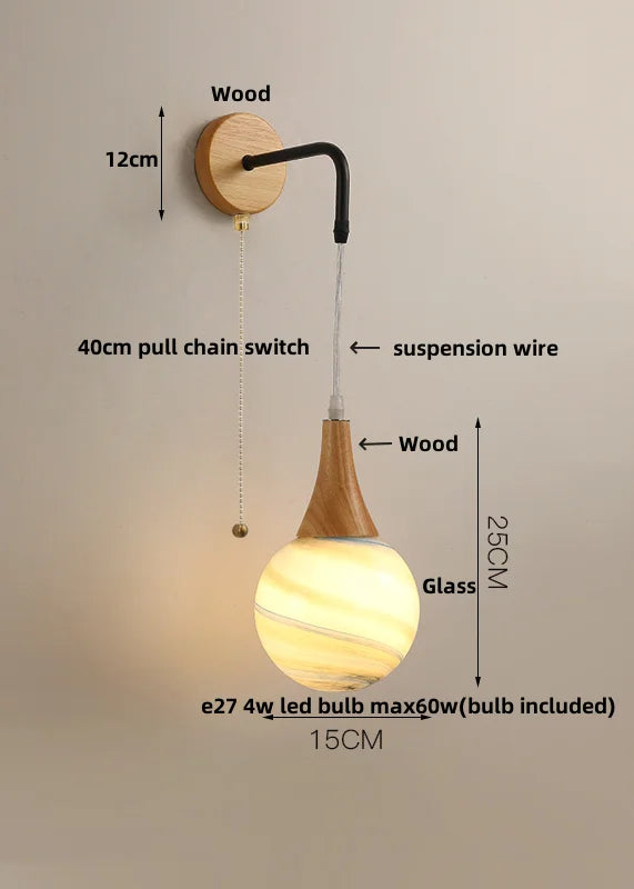 Helnys Amber LED Wall Lamp Walnut Wood Pull Chain Switch Applique Murale