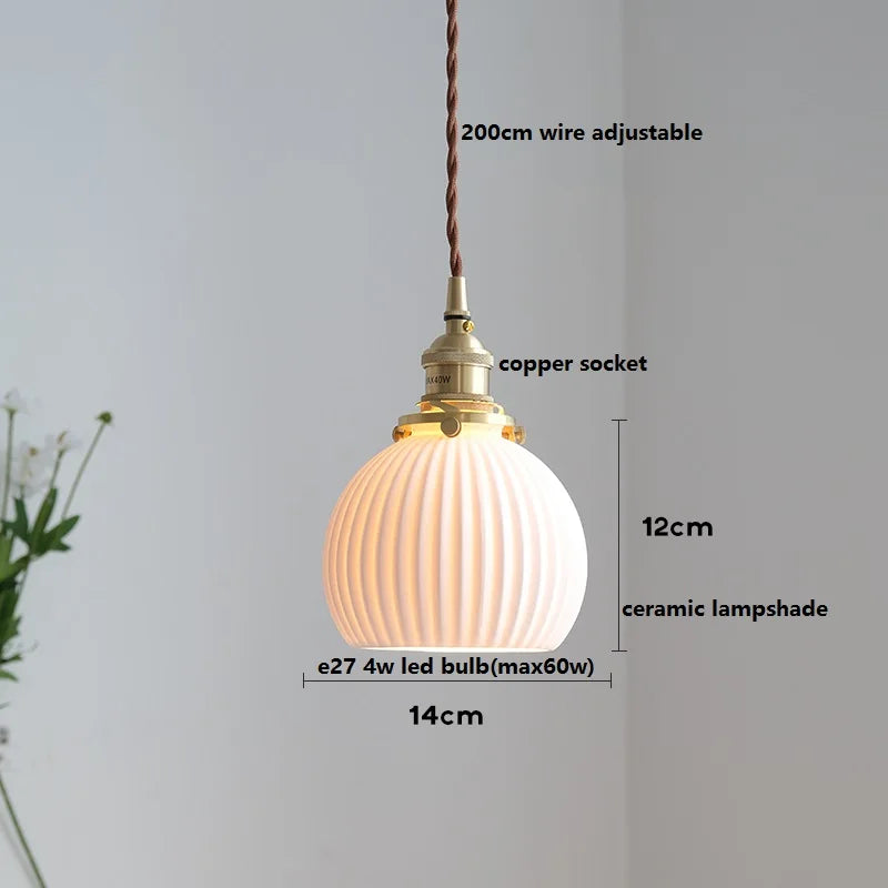 Helnys Ceramic LED Pendant Light with Wood Handle and Copper Socket