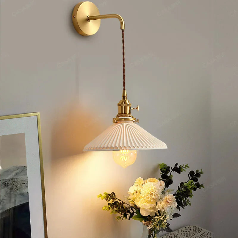 Helnys Nordic LED Wall Light Copper Ceramic Adjustable Bedroom Living Room Lamp
