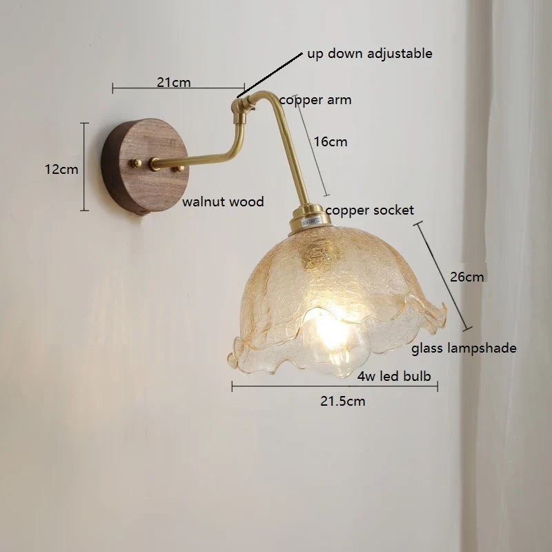 Helnys Green Glass Copper LED Wall Lamp with Pull Chain Switch and Walnut Wood Base