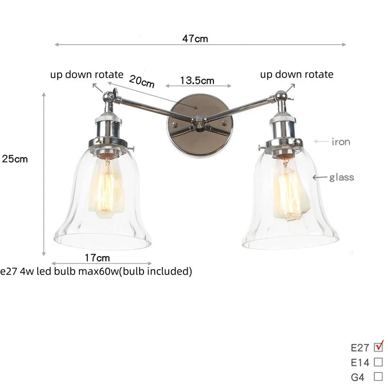 Helnys Retro LED Wall Light Fixtures with Pull Chain Switch, Industrial 2 Heads Sconce