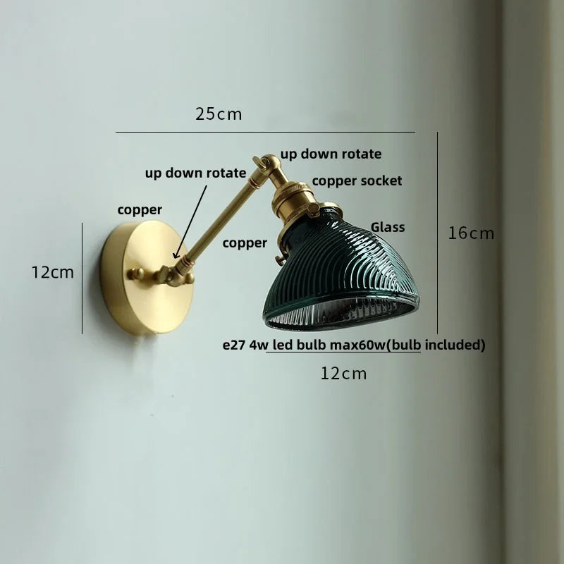 Helnys Brass Swing Arms LED Wall Light, Modern Nordic Clear Glass Bedside Lamp