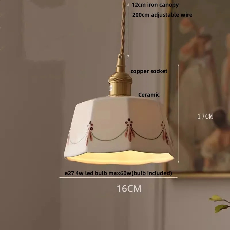 Helnys Flower Ceramic LED Pendant Lamp with Copper Socket, Adjustable Modern Hanging Light