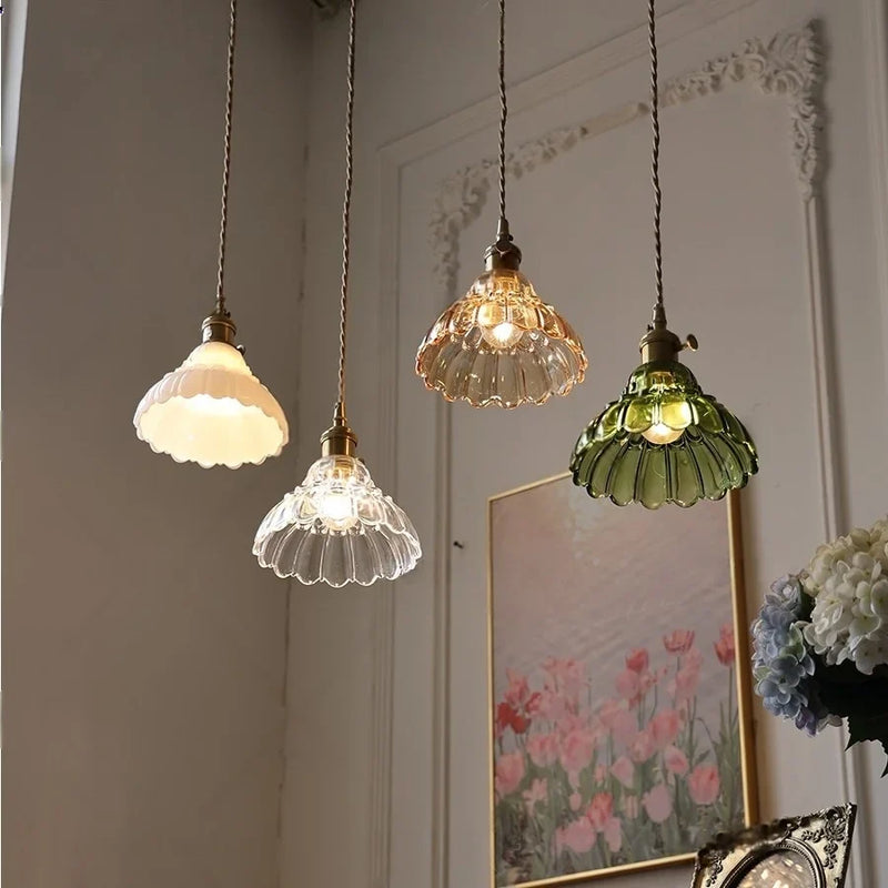 Helnys Nordic Modern Pull Chain Copper Flower Glass LED Wall Lights - Bedroom Balcony Wandlamp