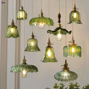 Helnys Green Glass LED Pendant Light with Copper Knob Switch