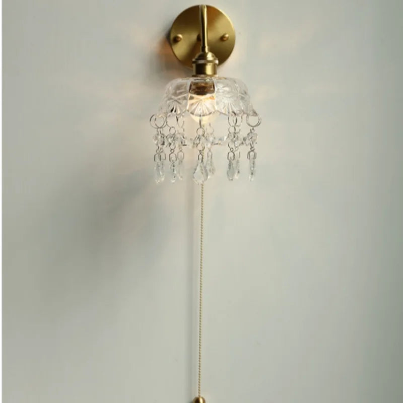 Helnys Nordic LED Wall Light with Pull Chain Switch, Crystal Glass Bedside Lamp