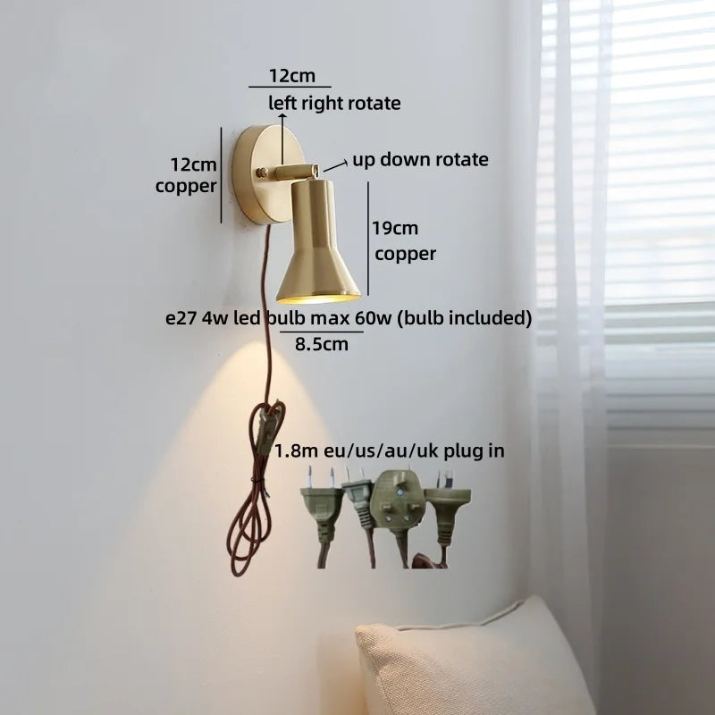 Helnys Swing Arm LED Wall Lamp Gold Copper Modern Home Decor E27 Bulb