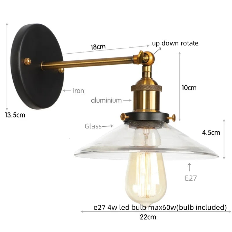 Helnys Vintage Industrial LED Wall Lamp Clear Glass Gold Bedside Light