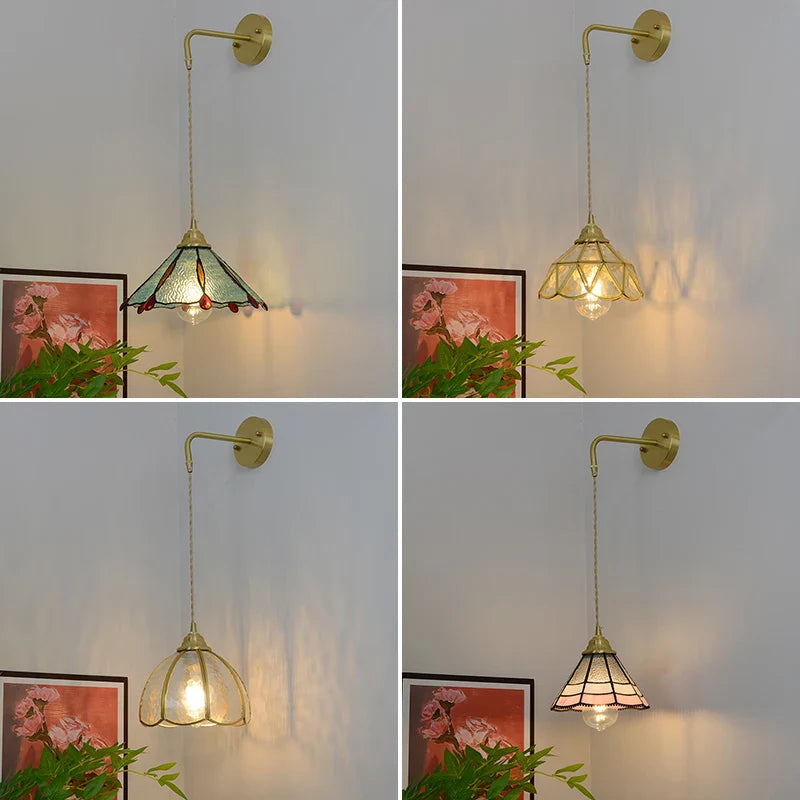 Helnys Vintage Glass Brass LED Wall Sconce Switched Vanity Light