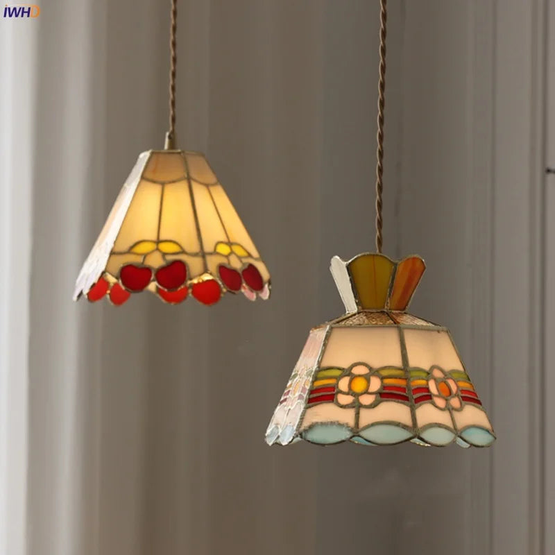 Helnys Flower Glass LED Pendant Light Fixture Colorful Nordic Modern Hanging Lamp