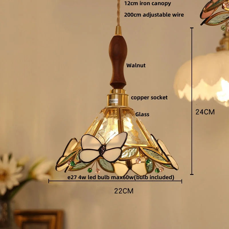Helnys Butterfly Pink LED Pendant Lamp, Nordic Modern Walnut Wood Glass Hanging Light