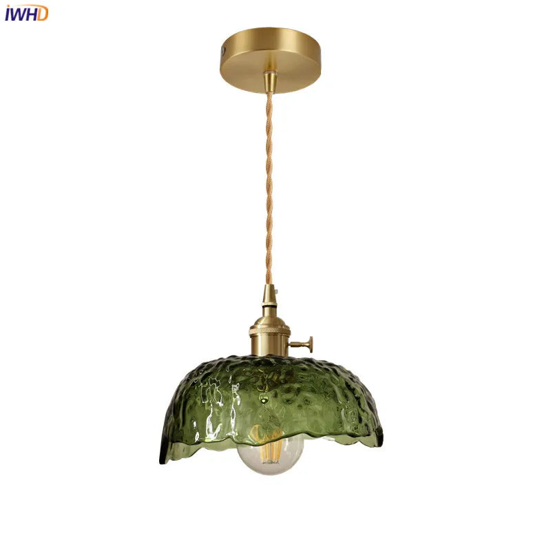 Helnys Nordic Green Glass LED Pendant Light - Modern Indoor Copper Switch Lamp