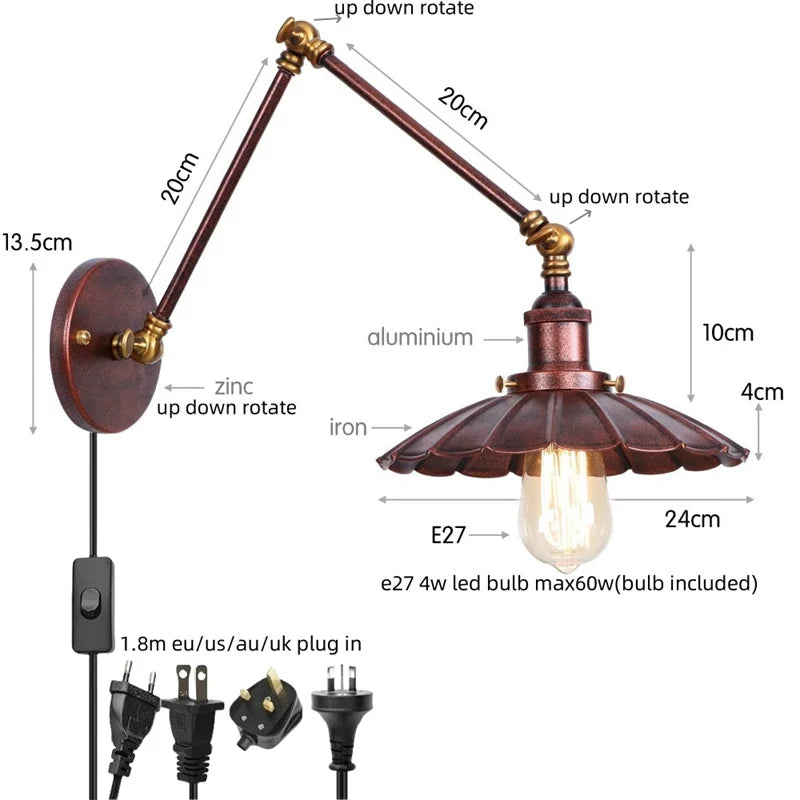Helnys Loft LED Wall Lights with Pull Chain Switch for Bathroom Mirror, Living Room, Bedside