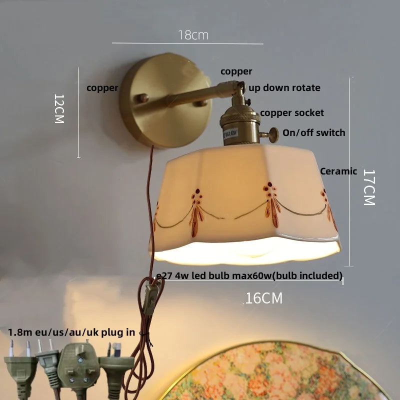 Helnys LED Ceramic Brass Wall Light Fixture Pull Chain Switch Bedside Lamp