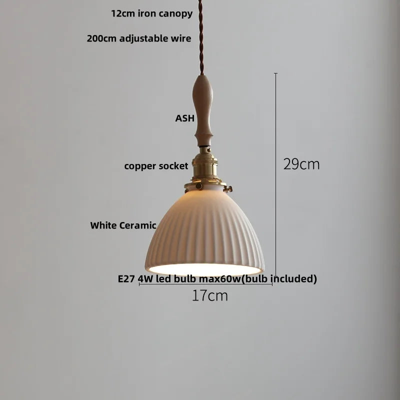 Helnys Adjustable LED Pendant Lights Ash Wood White Ceramic Nordic Hanging Lamp