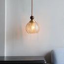 Helnys Japanese Style Amber Glass LED Pendant Light with Wood & Copper Cap