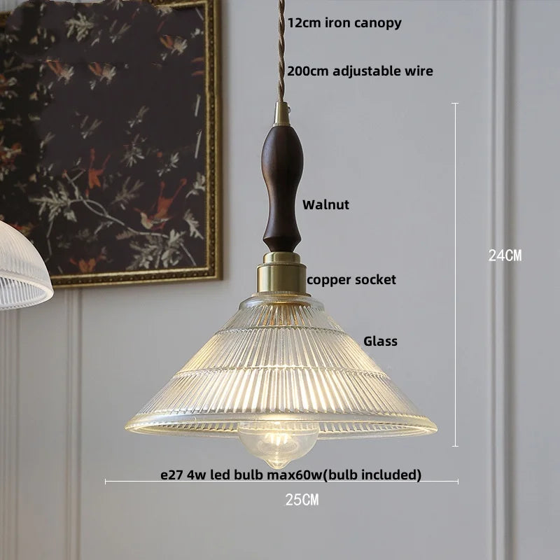 Helnys Amber Glass LED Pendant Lamp Nordic Modern Walnut Wood Copper Hanging Light