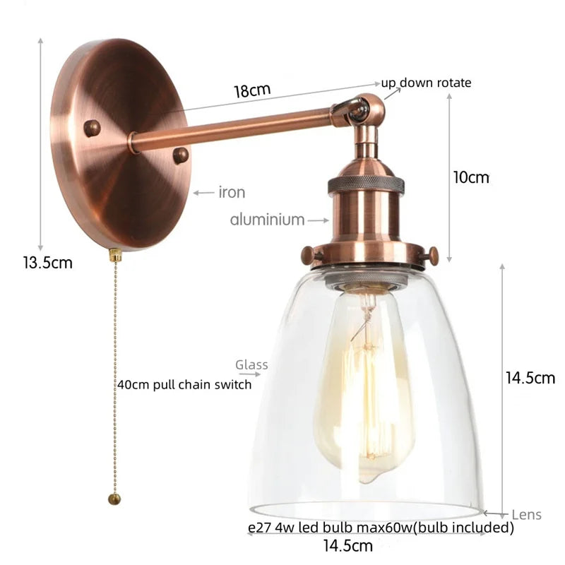 Helnys LED Wall Lamp Single Arm Glass Iron Vintage Retro Stair Light