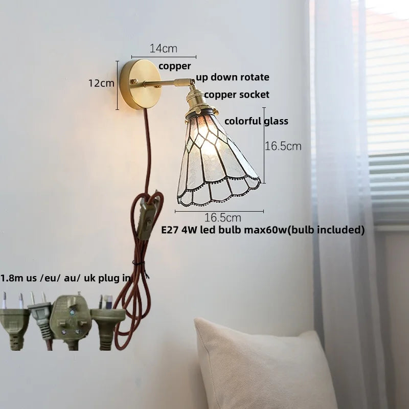 Helnys Flower Glass LED Wall Sconce Pull Chain Switch Rotatable Lamp