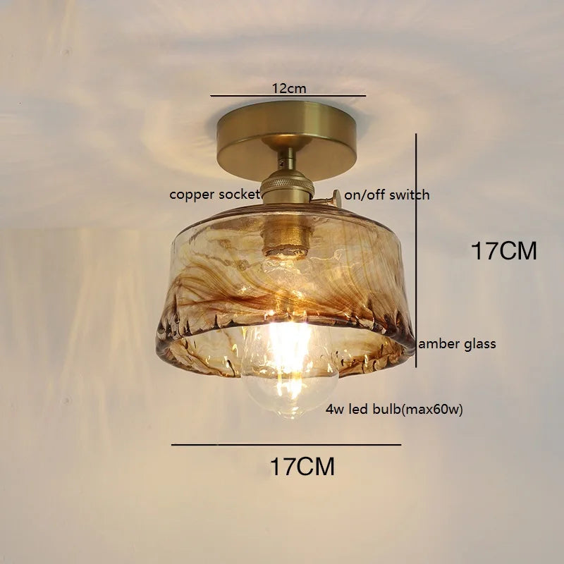 Helnys Amber Glass Ceiling Lamp LED 4W Copper Socket for Home Lighting