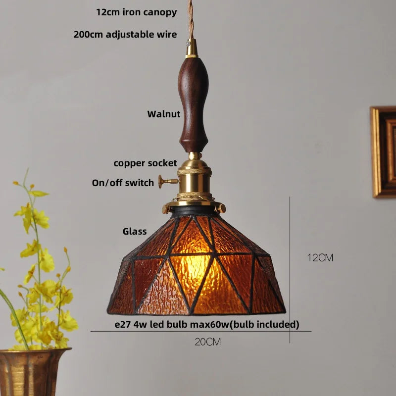 Helnys Amber Glass LED Pendant Light Fixture with Walnut Wood Bar and Adjustable Wire